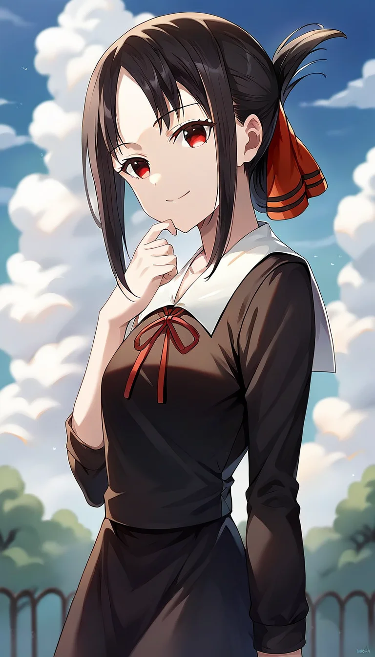 rating_9, rating_8_up, rating_7_up, rating_6_up, masterpiece, source_anime, 1girl, kaguya, black hair, black dress, neck ribbon, white sailor collar, cowboy shot, looking at viewer, hand on chin, smile, sky, blue sky, clouds<lora:KaguyaPONYXL-000007:0.8>,