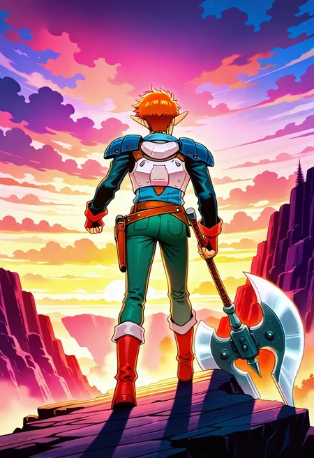 masterpiece, best quality, amazing quality, very aesthetic, absurdres, newest, 1boy, male, arthuffl3, brown-orange hair, green eyes, with long elf ears, blue shoulder pads, white breastplate, sci-fi military shirt, green jeans, belt with holster, red fingerless gloves, red boots, standing on cliff, dramatic fantasy-anime background, casually holding massive battle axe, scenic vista background, close up, torso view,