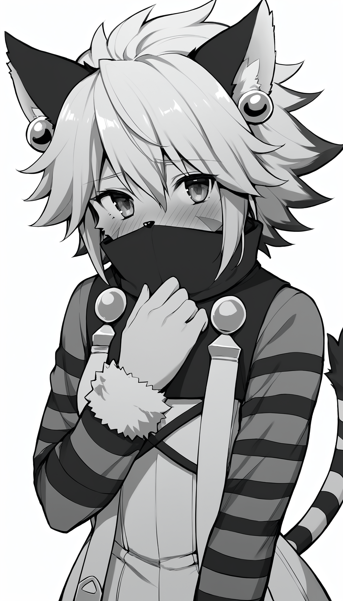 score_9, score_8_up, score_7_up, comic, monochrome, greyscale, manga, lineart,  source_anime
BREAK
<lora:ElhPDXL:1> elh, 1girl, solo, furry female, cat girl, close-up, standing, upper body, looking at viewer, hand on own chest, covered mouth, shy, blush, detailed eyes, body fur, elhattire, fur trim, cat ears, white hair, short hair, shiny hair, earrings, facial mark, animal nose, striped tail, striped sleeve, white background