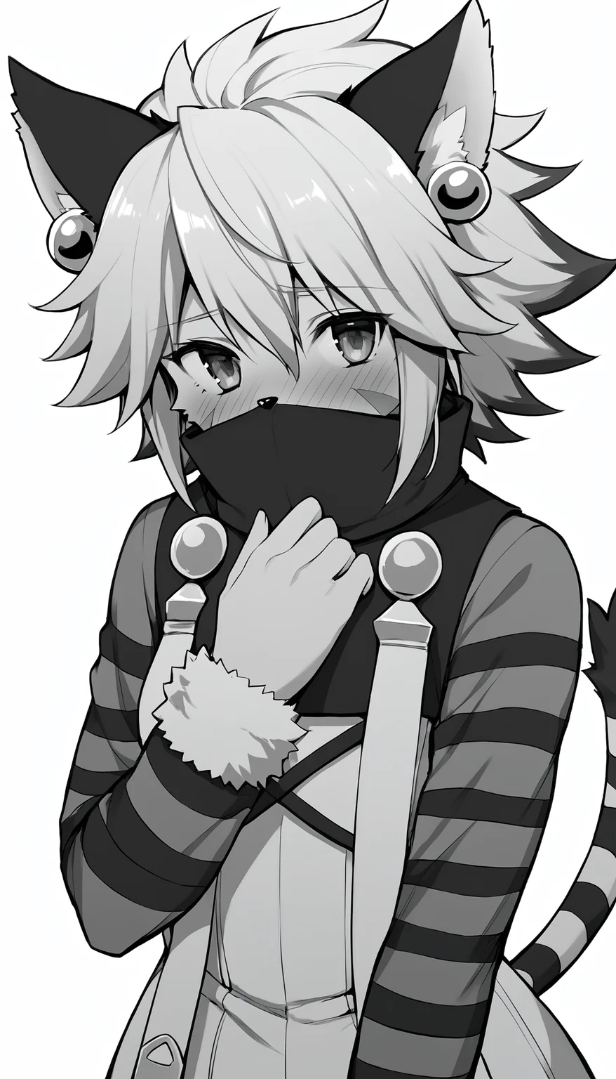 score_9, score_8_up, score_7_up, comic, monochrome, greyscale, manga, lineart, source_anime
BREAK
<lora:ElhPDXL:1> elh, 1girl, solo, furry female, cat girl, close-up, standing, upper body, looking at viewer, hand on own chest, covered mouth, shy, blush, detailed eyes, body fur, elhattire, fur trim, cat ears, white hair, short hair, shiny hair, earrings, facial mark, animal nose, striped tail, striped sleeve, white background