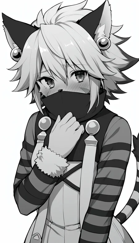 score_9, score_8_up, score_7_up, comic, monochrome, greyscale, manga, lineart, source_anime
BREAK
<lora:ElhPDXL:1> elh, 1girl, solo, furry female, cat girl, close-up, standing, upper body, looking at viewer, hand on own chest, covered mouth, shy, blush, detailed eyes, body fur, elhattire, fur trim, cat ears, white hair, short hair, shiny hair, earrings, facial mark, animal nose, striped tail, striped sleeve, white background