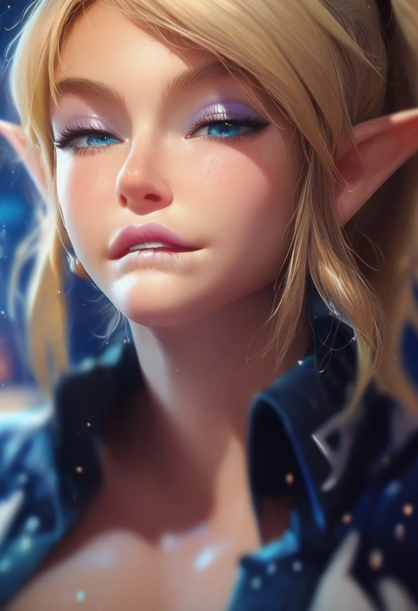 score_9, score_8_up, score_7_up, score_6_up, 1femboy, linkxl, elf ears, blue eyes, blonde hair, solo, portrait, lips, freckles, biting own lip, (biting lip:1), seductive, ponytail, lipstick, makeup, eyeliner, eyeshadow, beautiful detailed face, sexy woman, open shirt, no bra, night, night club background, blurry background