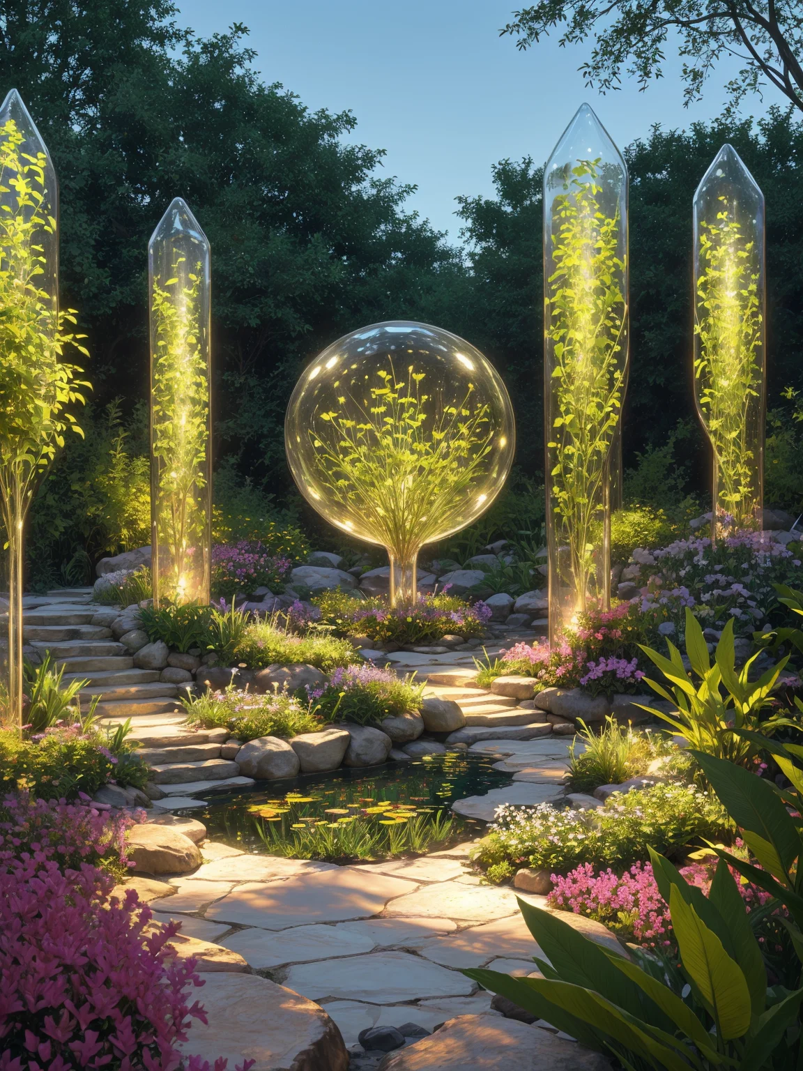 A garden where all the plants are made of various types of crystals, reflecting and refracting light in dazzling ways. The interplay of light and color creates a stunning visual spectacle.