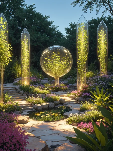 A garden where all the plants are made of various types of crystals, reflecting and refracting light in dazzling ways. The interplay of light and color creates a stunning visual spectacle.