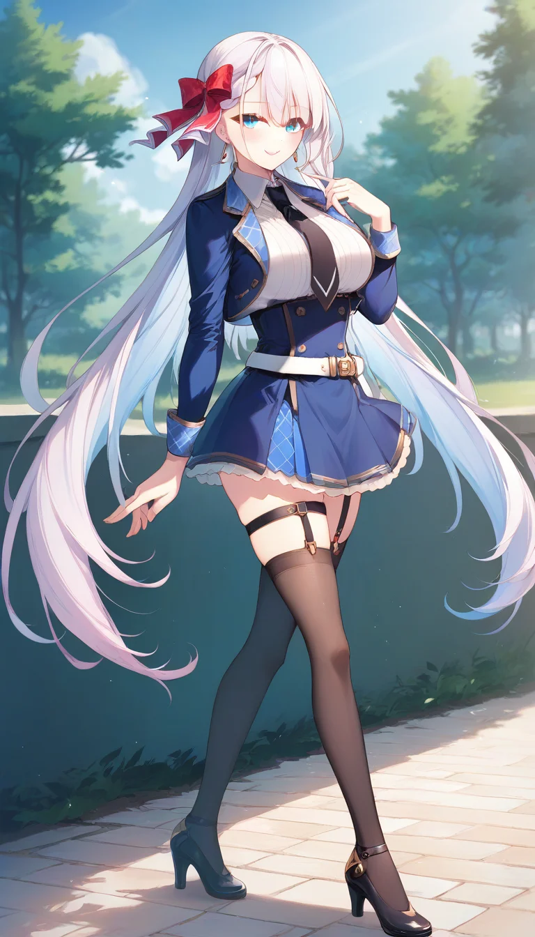 score_9,score_8_up,score_7_up,score_6_up BREAK official art,solo,outdoors,upper body,(portrait:1.5),looking at viewer,facing viewer,smile,blush,Lyseria Christaria,very long hair,white hair,floating hair,hair bow,red bow,braided bangs,jewelry,earrings,hair between eyes,blue eyes,blue jacket,cropped jacket,open jacket,wing collar,black necktie,white shirt,collared shirt,dress shirt,long sleeves,large breasts,double-breasted,white belt,blue skirt,high-waist skirt,pleated skirt,frilled skirt,thigh strap,garter straps,black thighhighs,zettai ryouiki,high heels,black footwear,<lora:Lyseria Christaria(sgmt)-Pony:1.3>,