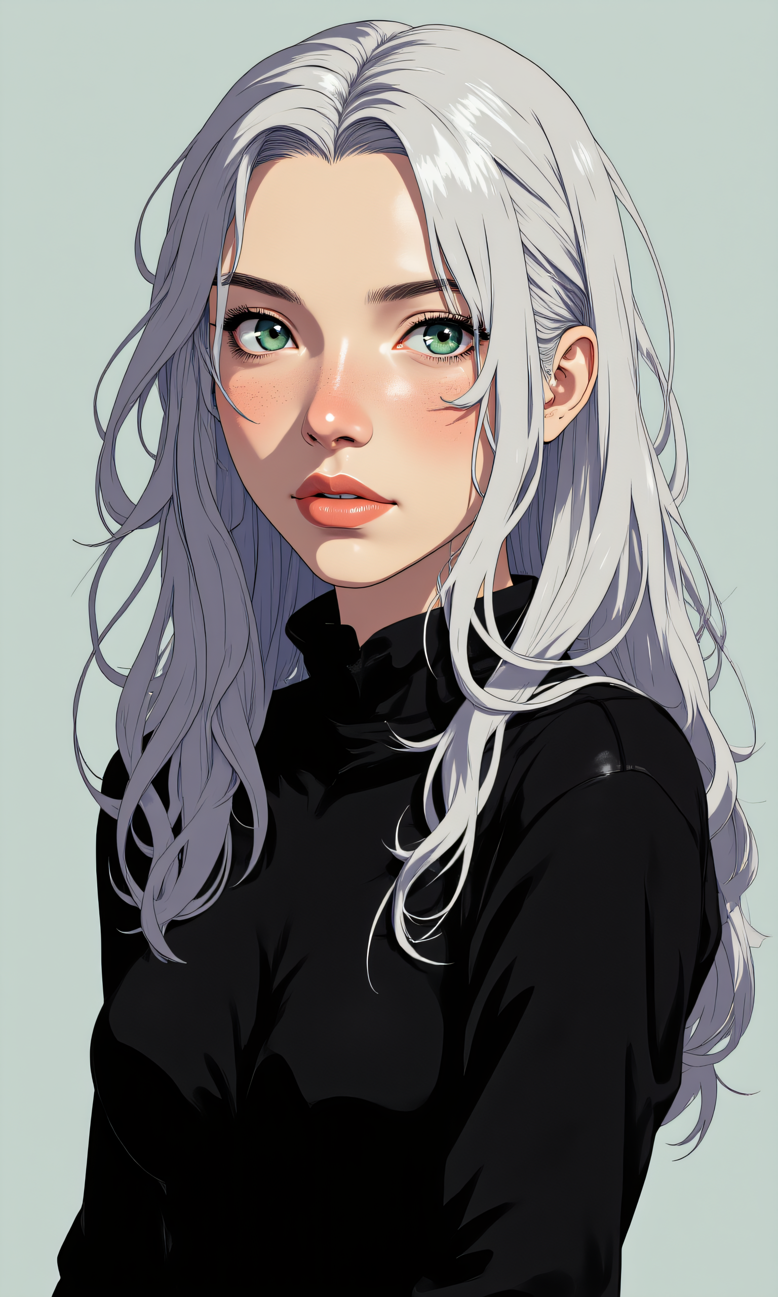 The portrait captures a striking figure with an air of quiet intensity and timeless beauty. The subject is a woman with long, flowing silver-gray hair , cascading in loose waves down her shoulders and across her chest. Her hair has a luminous quality, catching the light in subtle highlights that give it a shimmering, almost ethereal glow. The strands are soft yet defined, with gentle curls at the ends, adding to the sense of natural elegance. 
Her eyes  are a captivating shade of green, bright and vivid, framed by neatly groomed eyebrows that arch slightly upward. The irises are deep and expressive, reflecting a mix of confidence and introspection. Her gaze is direct but not confrontational, as though she is looking into the viewerâs soul without judgment or pretense. 
Her skin  is fair, smooth, and radiant, with a healthy glow that suggests vitality and strength. Subtle freckles dust her cheeks and nose, adding a touch of warmth and individuality to her features. Her complexion is unblemished, yet thereâs a natural texture to her skin that feels authentic and grounded. 
Her expression  is calm and composed, with a hint of quiet determination. Her lips are full and naturally pink, slightly parted as if sheâs about to speak or breathe deeply. Thereâs no overt emotion on her faceâjust a serene stillness that speaks volumes about her inner resolve. 
She wears a black outfit , likely a form-fitting top or dress, which contrasts sharply with her pale hair and skin. The fabric clings to her frame, accentuating her graceful posture and strong build. The black clothing adds a layer of mystery, making her appear both approachable and enigmatic. 
The background is minimalisticâa plain, neutral tone that ensures all attention remains on her. The lighting is soft and diffused, casting gentle shadows that highlight the contours of her face and hair. The overall effect is one of quiet power and presenceâa woman who exudes strength without needing to shout or dominate. 
This image feels like a moment frozen in time, capturing not just her physical appearance but also her essence: someone who is both fierce and tender, ancient and modern, mysterious yet relatable. Itâs a portrait that invites the viewer to linger, to wonder about her story, and to feel the quiet strength radiating from her being. 
j_art, j_anime, <lora:FLUX\jul\J_Anime:1.0>, <lora:FLUX\RealAnime:0.15>