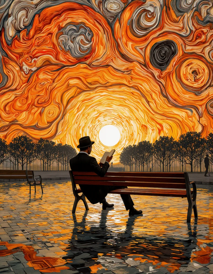 A digital painting with a vibrant, impressionistic style, mixed-media artwork featuring a style reminiscent of Vincent van Gogh's swirling brushstrokes. The central focus is a solitary figure, likely a man, seated on a wooden bench with his back to the viewer. He is dressed in a dark suit and appears to be reading a book, with his legs crossed. The man is wearing a hat, adding a touch of formality to his attire. The bench is simple, with a metal frame and wooden slats, and it sits on a paved surface that reflects the bright light of the setting sun.
The background is a dramatic display of swirling, textured colors that evoke a sunset or sunrise. The sky is ablaze with hues of orange, yellow, and red, creating a sense of warmth and intensity. Large, swirling clouds are painted in these same fiery tones, adding to the dynamic and energetic atmosphere. The horizon is lined with silhouetted trees, their outlines softened by the glow of the sunset. The overall effect is one of tranquility and contemplation, enhanced by the serene solitude of the figure and the mesmerizing, almost chaotic beauty of the sunset.