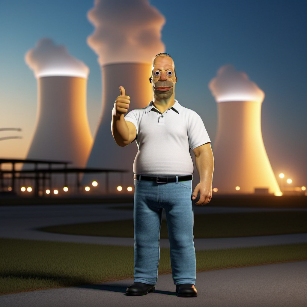 Homer1024, a man with a white shirt and a jean pants, stand in front of a nuclear plant, thumbs up, highly detailed, photography, ultra sharp, film, bokeh, professional, 64k   <lora:Homer1024:0.8>
