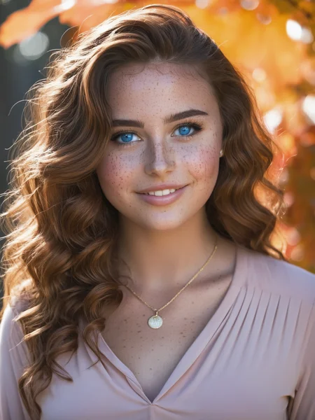 score_9, score_8_up, score_8, 1girl, 21yo, Australian beauty, expressive, flirtatious look, perfect face, smile, blue eyes, with freckles, very tan skin, blush, red cheeks, make up, gold eyebrows, long brown hair, pink blank flat shirt with long sleeve, shirt col-V, with a necklace, poised against a backdrop of autumn leaves in soft focus, sunlight filtering through her curls, close-up portrait, high contrast, pink tones, canon 5D Mark IV, studio photography <lora:SdXL_better freckles_epoch_16:1> <lora:XDetail_heavy:1>