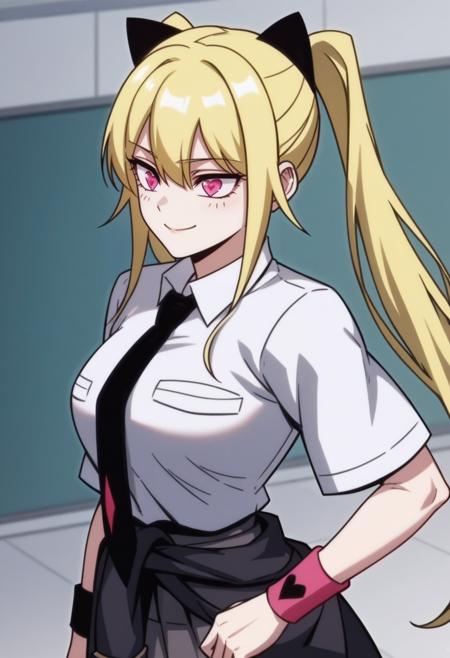 score_9, score_8_up, score_7_up, source_anime,anime screencap, anime coloring,intricate details,rating_safe, masterpiece, best quality,
(best quality, absurd res, ultra detailed),1girl, ((solo)), good eyes,perfect eyes,,detailed eyes, zPDXLxxx , zPDXL3,detailed, detailed face, <lora:add-detail-xl:3>,
BREAK
<lora:Rachel:0.8>, Rachel, 1girl, pink eyes, heart-shaped pupils, symbol-shaped pupils, blonde hair, twintails, hair ornament,
school uniform, white shirt, necktie, wristband, jacket around waist, clothes around waist, pleated skirt,
BREAK
solo, standing, 
smirk,