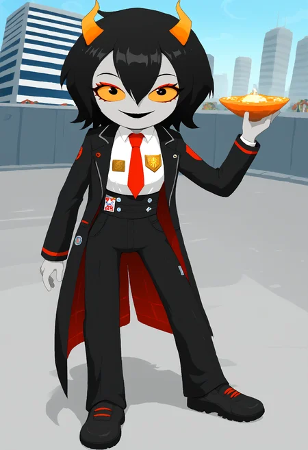 score_9, score_8_up, score_7_up, HD, best quality, masterpiece, detailed, minimalist, mspaint, 1girl, Niikou, d0nquix0tedef, Black hair, short hair, hair between eyes, horns, colored skin, grey skin, colored sclera, orange sclera, black lipstick, red eyeshadow, black coat, open coat, badge, long sleeves, white shirt, collared shirt, red necktie, black pants, high-waist pants, standing, happy, smiling, city alleyway