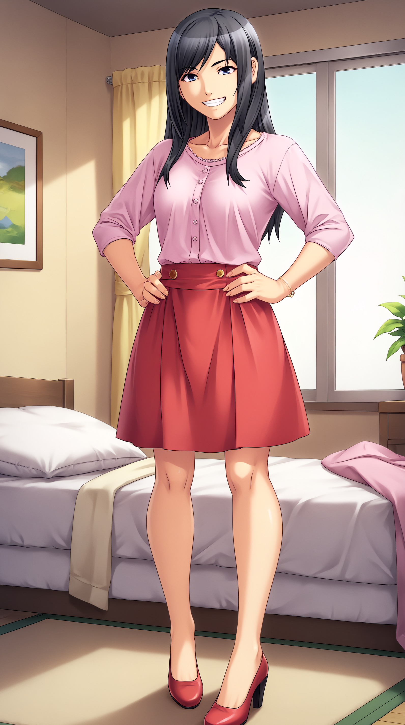 score_9, score_8_up, score_7_up, best background, detailed background, 4k, upscale, anime_source,  Nanami Honda, sensitive, solo, looking at viewer, smile, skirt, jewelry, standing, full body, high heels, bracelet, red skirt, hands on hips, indoors, grin,  <lora:JN_Nanami_Honda_Pony:0.8>