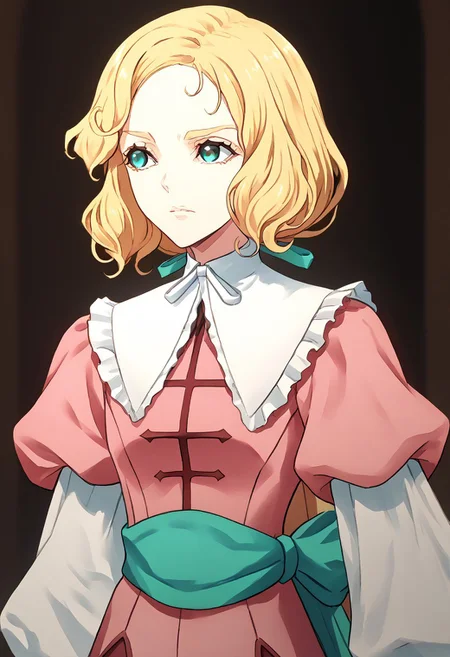 score_9, score_8_up, score_7_up, score_6_up, score_5_up, score_4_up, source_anime, 1girl, solo, 
maria,long blonde hair,aqua ribbon,wavy hair, blue eyes,, mariadress,frills, neck ribbon,capelet,puffy long sleeves, pink pants, 
masterpiece, best quality, very aesthetic, absurdres,