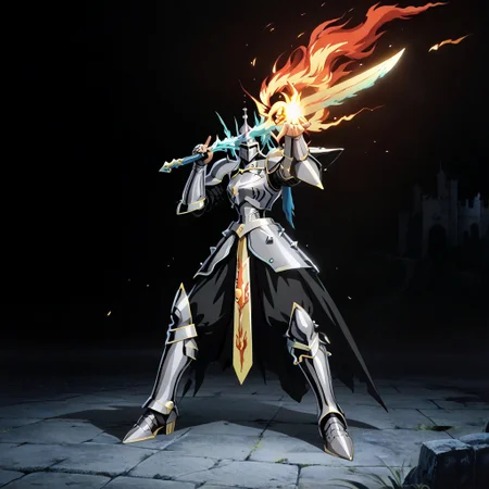 score_9, score_8_up, score_7_up, score_6_up, score_5_up, score_4_up, source_anime,NCRender,retro artstyle,black armored knight,spiked armor,holding sword,flaming sword,blue flames,full body,dynamic pose,castle