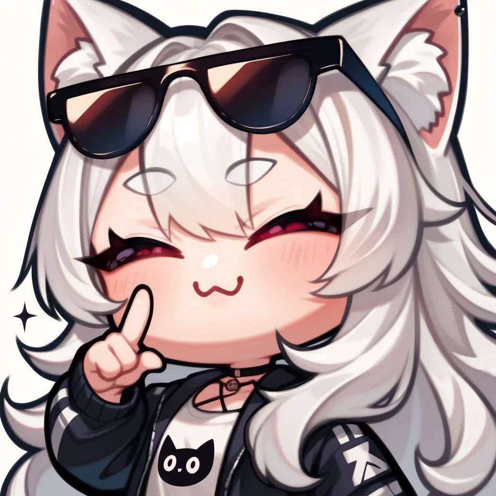 score_9, score_8_up, score_8, Emote , white long hair and gfluffy white cat ears , :3 , sunglasses , finger gun , side view, 1girl , high quality, high res , highly detailed hair , highly detailed face, white background, chibi , <lora:merge2:0.85>
