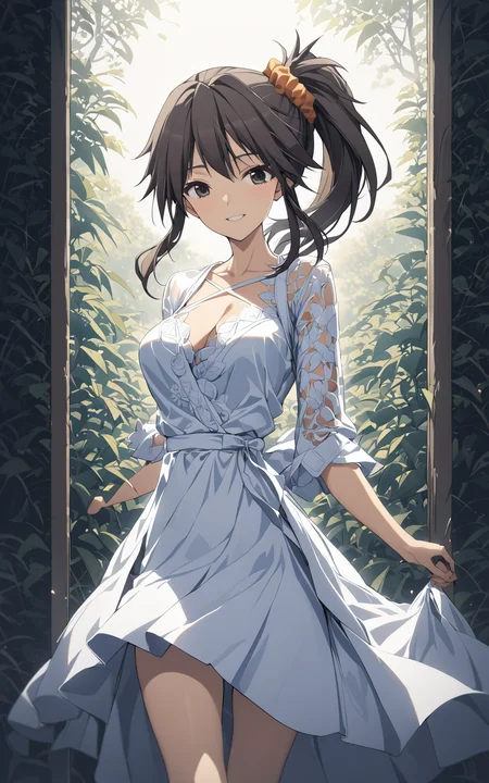 1girl, yuzuri\(memories off 8\), hair scrunchie, brown hair, ponytail, one side up, standing, white dress, smile, wind, auntum, outdoors, masterpiece, best quality, very aesthetic, absurdres, vivid colors, highres, 4k, 8k, intricate detail, cinematic lighting, wallpaper, <lora:yuzuri_v_1_4-000006:1> <lora:aesthetic_anime_v1s:1>