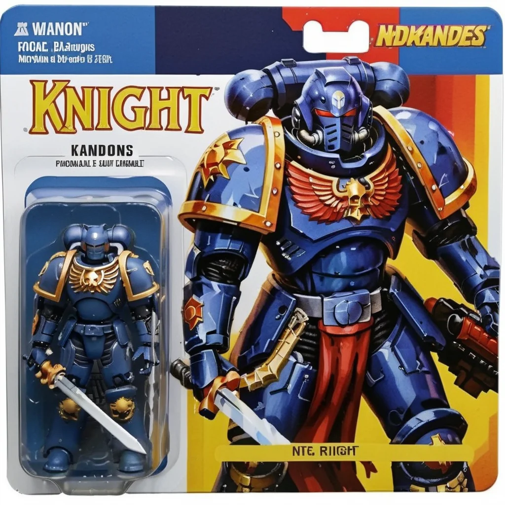 A meticulously detailed, photo-realistic image of a Knight action figure, packaged in a vibrant box. The packaging prominently features a cartoon illustration of Knight on one side, characterized by exaggerated features and a signature expression. Beside the cartoon, a clear window panel reveals the action figure, a precise replica, with distinct detailing and accurate coloring. The figure's attire mirrors Knight iconic suit and tie ensemble, complete with miniature accessories. The background of the box displays elements symbolic of Knight presidency, subtly enhancing the collectible's thematic appeal <lora:gonza:0.75>, <lora:primaris_marine-knight_armor:0.65> Knight armor, holding bolter, holding power sword, primaris helmet