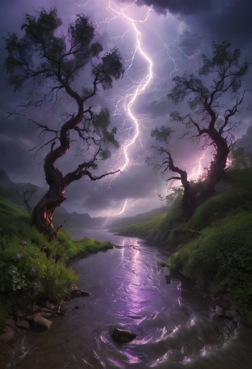 In a breathtaking and otherworldly scene, a mystical landscape is dramatically illuminated by a fierce, electric storm. A rolling meadow, bathed in twilight, stretches beneath a tempestuous sky where jagged bolts of lightning crackle and splay across the darkening canvas. The lightning, vivid and pulsating with electric blues and radiant purples, casts dramatic shadows and highlights across the whimsical terrain. Enchanted trees, with their swirling, luminescent branches, seem to dance in response to the storm’s fury, their foliage shimmering with iridescent colors that mirror the lightning’s intensity. A serene river, previously tranquil, now ripples with kinetic energy as the lightning’s reflection distorts its surface, creating a shimmering tapestry of light and shadow. Fantastical creatures, caught in the storm’s electrifying glow, appear to both shimmer and dissolve into the landscape, their forms momentarily illuminated by each flash. The artwork merges the serene beauty of a dreamlike world with the raw power of nature, capturing a moment of awe-inspiring contrast where peace and chaos coexist in a mesmerizing visual symphony.