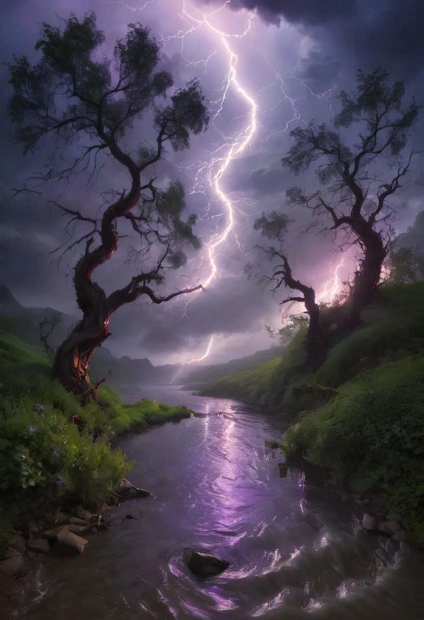 In a breathtaking and otherworldly scene, a mystical landscape is dramatically illuminated by a fierce, electric storm. A rolling meadow, bathed in twilight, stretches beneath a tempestuous sky where jagged bolts of lightning crackle and splay across the darkening canvas. The lightning, vivid and pulsating with electric blues and radiant purples, casts dramatic shadows and highlights across the whimsical terrain. Enchanted trees, with their swirling, luminescent branches, seem to dance in response to the storm’s fury, their foliage shimmering with iridescent colors that mirror the lightning’s intensity. A serene river, previously tranquil, now ripples with kinetic energy as the lightning’s reflection distorts its surface, creating a shimmering tapestry of light and shadow. Fantastical creatures, caught in the storm’s electrifying glow, appear to both shimmer and dissolve into the landscape, their forms momentarily illuminated by each flash. The artwork merges the serene beauty of a dreamlike world with the raw power of nature, capturing a moment of awe-inspiring contrast where peace and chaos coexist in a mesmerizing visual symphony.