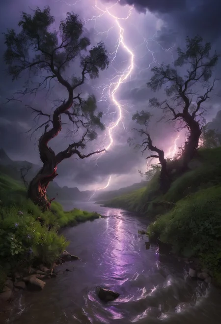 In a breathtaking and otherworldly scene, a mystical landscape is dramatically illuminated by a fierce, electric storm. A rolling meadow, bathed in twilight, stretches beneath a tempestuous sky where jagged bolts of lightning crackle and splay across the darkening canvas. The lightning, vivid and pulsating with electric blues and radiant purples, casts dramatic shadows and highlights across the whimsical terrain. Enchanted trees, with their swirling, luminescent branches, seem to dance in response to the storm’s fury, their foliage shimmering with iridescent colors that mirror the lightning’s intensity. A serene river, previously tranquil, now ripples with kinetic energy as the lightning’s reflection distorts its surface, creating a shimmering tapestry of light and shadow. Fantastical creatures, caught in the storm’s electrifying glow, appear to both shimmer and dissolve into the landscape, their forms momentarily illuminated by each flash. The artwork merges the serene beauty of a dreamlike world with the raw power of nature, capturing a moment of awe-inspiring contrast where peace and chaos coexist in a mesmerizing visual symphony.