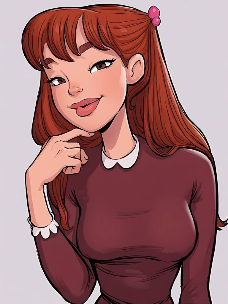 score_9_up,score_8_up,score_6,score_5,score_4,  julia, long hair, 1girl, brown hair, lips, solo, hair ornament, breasts, red hair, dress, simple background, hand up, smile,looking at viewer,kiss,    <lora:julia sdxl:1>