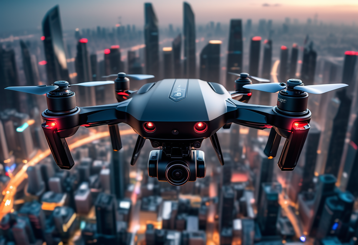 award winning, (professional photo) of (stealthy nano matte-black drone) with lightweight-plastic body, hydrogen fuel cells,   the drone is flying over  a sprawling futuristic megacity, with vast buildings, complex transportation, diverse population, vibrant nightlife, , creative, beautiful, vibrant, masterpiece, 64k, UHD, HDR, full view, atmospheric lighting, extremely detailed