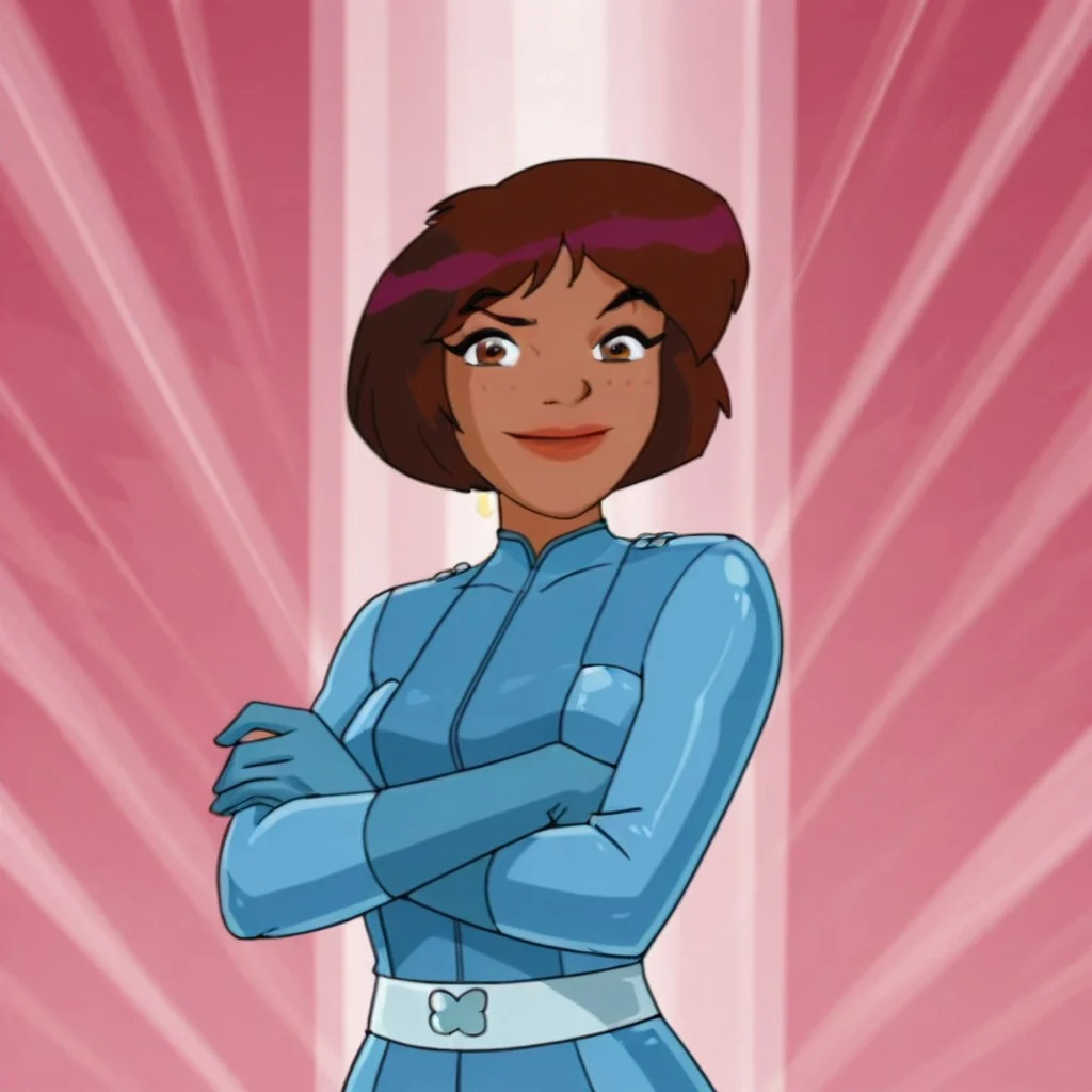 solo, T0tallysp1es, artstyle, 1girl, solo, cartoon, parody, official style, carmen_totally_spies, brown eyes, brown hair, short hair, dark-skinned female, mature female, silver belt, royal blue bodysuit, long sleeves, blue gloves, sexy, large breasts, beautiful, detailed, high detailed, very beautiful, detailed face, detailed eyes, detailed hand, abstract background, smile, smiling, looking at viewer, arms crossed, face focus