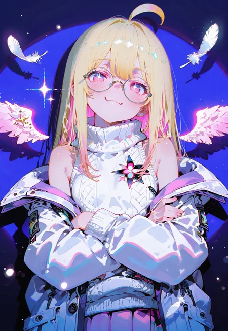 Bust shot,front view,looking at viewer,closed up,face focus
Arms crossed,smug smile
1 girl,petite,(waist length hair:1.2), straight hair,blonde hair, (vibrant pink accents hair:1.1),fair skin,pink eyes, sparkling eyes,ahoge,small wings ,floating feathers
(Loose oversized white coat:1.1), (sleeveless White turtleneck sweater:1.2), round glasses, exposed shoulders,pink skirt,star design
Dark blue flat background, (shadow:1.2), front lighting, glimmer. Features sparkling effects, (anaglyph refraction:1.5), (front spotlight:1.2), subtle (blue hue:0.8), and a strong (pink glow:1.4),(Bokeh around character:1.2),(character focus:1.2),dynamic pose, foreshortening, extreme perspective
Cunnystyle,748cmstyle,Smooth_Quality,masterpiece,best quality,amazing quality, aesthetic,(vibrant colors:1.5),(bold lines:1.3),(saturated:1.4)