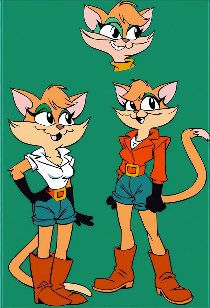 score_9, score_8_up, score_7_up, score_6_up, score_5_up, score_4_up, source_furry, Tabitha_Fantomcat, detailed eyes, detailed face, (retro artstyle, 1990s \(style\), flat color, toon \(style\),1girl, breasts, solo,black eyes, gloves, hat, animal ears, furry, furry female, cleavage,cat ears, boots, cowboy hat,short hair, full body, standing,cat tail, elbow gloves, bandana, hand on own hip,cat tail,cat girl, shirt, blue background, body fur, white shirt, gradient background, shorts, smile, black gloves, short sleeves, brown headwear, belt, two-tone fur, fur trim, knee boots, red bandana, happy, brown footwear, adjusting headwear, short shorts, cross-laced footwear, animal nose, looking at viewer, hand up, simple background, large breasts, looking to the side, adjusting clothes, signature, teeth, ears through headwear, hand on headwear, parted lips, medium breasts, open mouth
<lora:tabitha-v1:1>