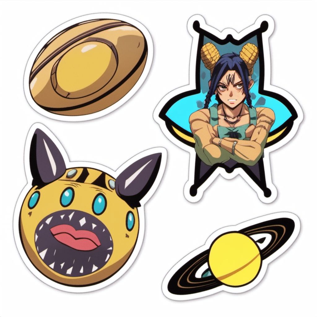 Cool Kid  StickerSheet  <lora:SDXL-StickerSheet-Lora:1>, Very detailed, clean, high quality, sharp image, jojoso style <lora:SDXL-jojoso_style-Lora:1>, Saturno Butto