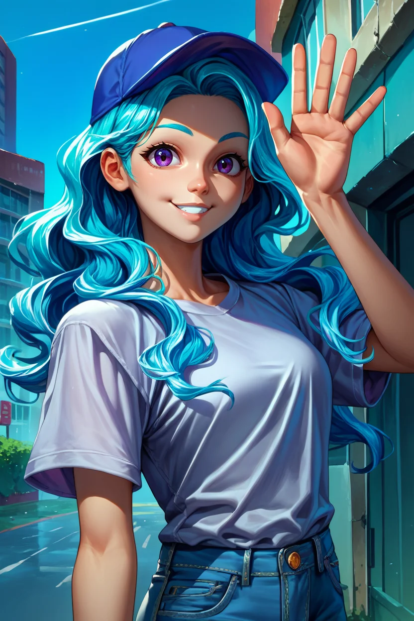 score_9, score_8_up, score_7_up, score_6_up, source_anime, 1girl, solo, <lora:valere-pdxl-nvwls-v1-000005:1> valere, aqua hair, wavy hair, long hair, purple eyes, grey t-shirt, jeans, looking at you, baseball cap, city, smile, waving