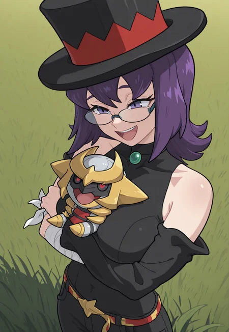 masterpiece, best quality, newest, absurdres, highres, Jade-Utopus, purple eyes, purple hair, medium hair, glasses, top hat, black clothes, bandage on one arm, black pants, belt, detached sleeves, black choker with green gem, solo, alone, outside, grass field, happy, laughing, open mouth, chibi giratina:1.5, hugging chibi giratina, giratina pokemon, g1r4t1n4, pokemon (creature),