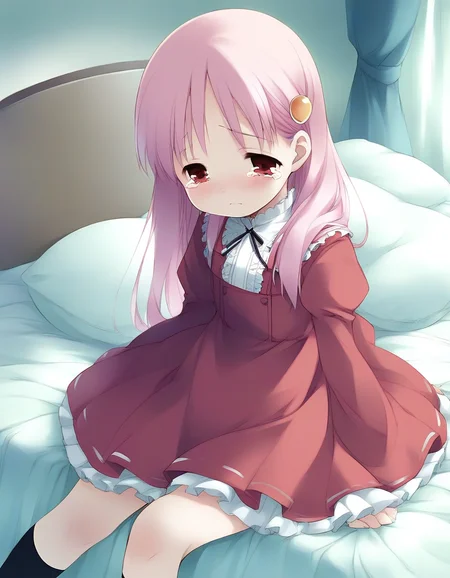 score_9, score_8_up, score_7_up, source_anime, rating_explicit, BREAK <lora:Kiriyama_Sakura_Ver2.0_XL:1>KiriyamaSakura, pink hair, red eyes, hair ornament, short stack,
1girl, solo, dress, long sleeves, long hair, sad, tears, dress,
bed room,