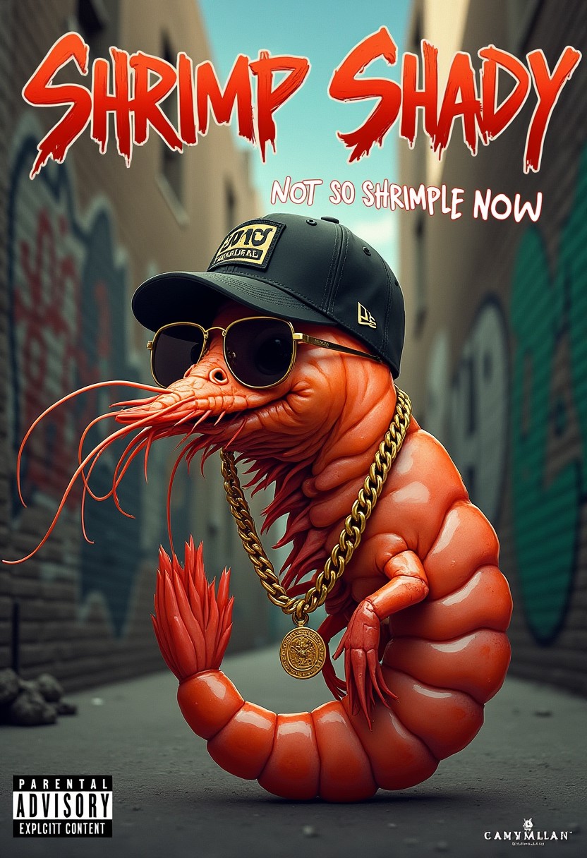 a rap album cover featuring a shrimp dressed as a rapper. The shrimp is wearing oversized gold chains, sunglasses, and a baseball cap tilted to the side, but it’s still obviously a shrimp. Background is a gritty, urban alleyway with graffiti-covered walls. The artist's name 'Shrimp Shady' is at the top in bold, edgy font, and the album title 'Not So Shrimple Now' is featured prominently below. Include the 'Parental Advisory: Explicit Content' logo in the bottom left corner to give it a gangsta vibe