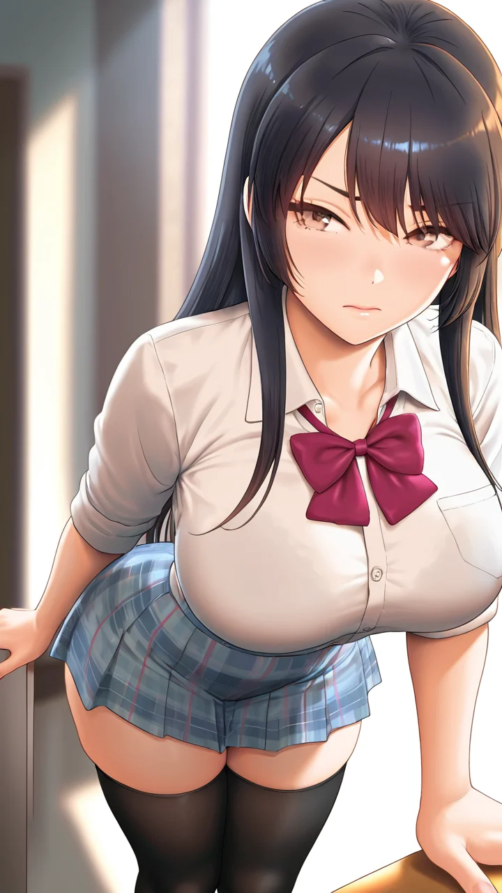 amazing quality,absurdres,best quality,masterpiece,highres,newest,detailed,detailed body,detailed face,masterpiece,best quality,solo,realistic,
jskksrfj,1girl,thighhighs,solo,breasts,long hair,school uniform,black thighhighs,brown eyes,large breasts,black hair,plaid skirt,<lora:jskksrfj:0.85>,