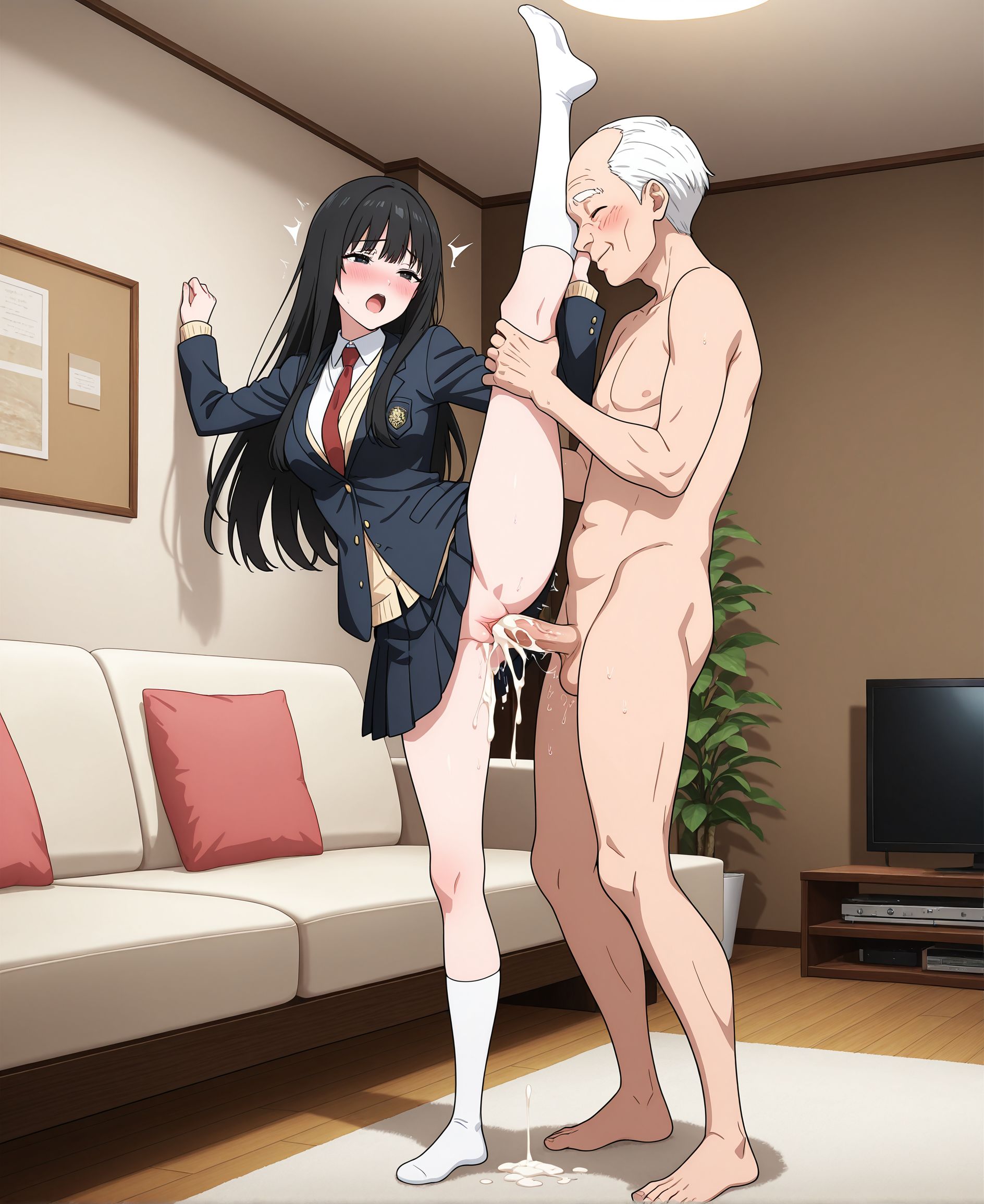 masterpiece,best quality,amazing quality,very aesthetic,absurdres,newest, huge filesize,
<lora:spo_sdxl_10ep_4k-data_lora_webui:0.5>,
<lora:add-detail-xl:1> anime screenshot, anime coloring, official art,   
1boy,1girl,ex from behind,blush,full body, 
 HDA_StandingSexXL,standing splits,
cumdrip, cum in pussy, rough sex, one leg up, pussy, 
clothed female nude male, 
couch, living room, tv, 
BREAK
1boy,1girl,ex from behind,blush,full body, 
 HDA_StandingSexXL,standing splits,
cumdrip, cum in pussy, rough sex, one leg up, pussy, 
clothed female nude male, 
age difference, 
<lora:Inuyashiki:0.8> Inuyashiki_v1,   embarrassed, 
 i_mari, long hair, medium breasts, moaning, half-closed eyes, 
skirt,school uniform,long hair,  black hair female, 
socks,red necktie, 
jacket, pleated skirt, socks, 
blazer,
black eyes,i_mari,
BREAK
1boy,1girl,ex from behind,blush,full body, 
 HDA_StandingSexXL,standing splits,
cumdrip, cum in pussy, rough sex, one leg up, pussy, 
clothed female nude male, 
old man,
closed eyes, 
i_ichirou,
light smile,
