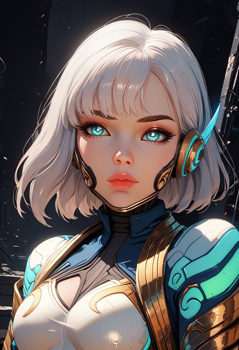 ((zPDXL3)), score_9, score_8_up, score_8, Science Fiction, Star Wars, perfecteyes, ultra detailed, high resolution, high quality, masterpiece, intricate details, intricate body, intricate landscape, knva, Expressiveh, European Instagram Model, upper body shot, low light, dungeon, ruins, green glow, black background, 
BREAK
1girl, solo, source_cartoon, mature female, allstarsdva, d.va (overwatch), white hair, blue eyes, beautiful, full lips, looking at viewer, closed mouth,