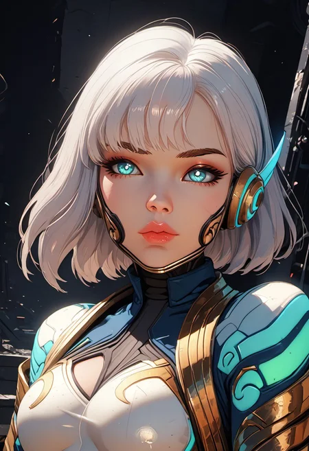 ((zPDXL3)), score_9, score_8_up, score_8, Science Fiction, Star Wars, perfecteyes, ultra detailed, high resolution, high quality, masterpiece, intricate details, intricate body, intricate landscape, knva, Expressiveh, European Instagram Model, upper body shot, low light, dungeon, ruins, green glow, black background, 
BREAK
1girl, solo, source_cartoon, mature female, allstarsdva, d.va (overwatch), white hair, blue eyes, beautiful, full lips, looking at viewer, closed mouth,