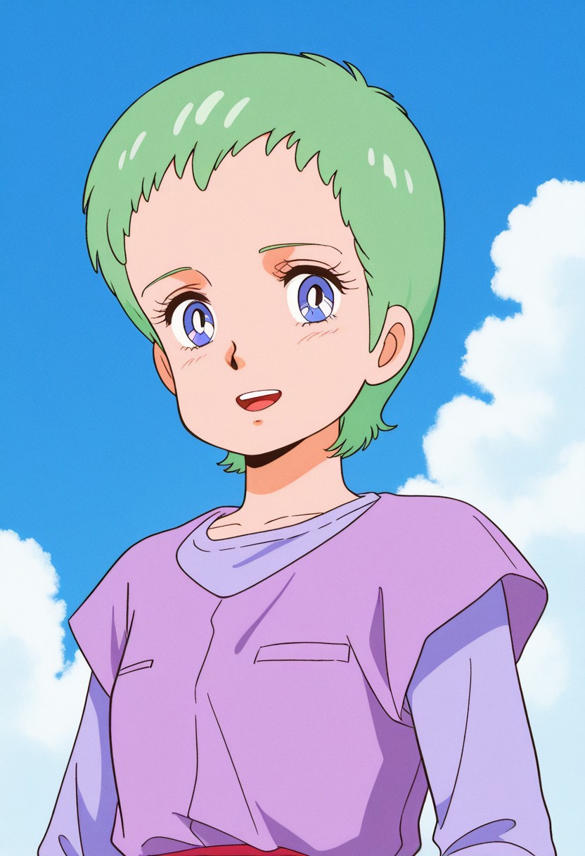 masterpiece, best quality, source_anime,official art,perfect_anatomy,1980s_\(style\),retro_artstyle,katue pearson,1girl,short hair,green hair,forehead,shirt,looking_at_viewer,smile,open mouth,upper body,day,blue_sky,cloud,