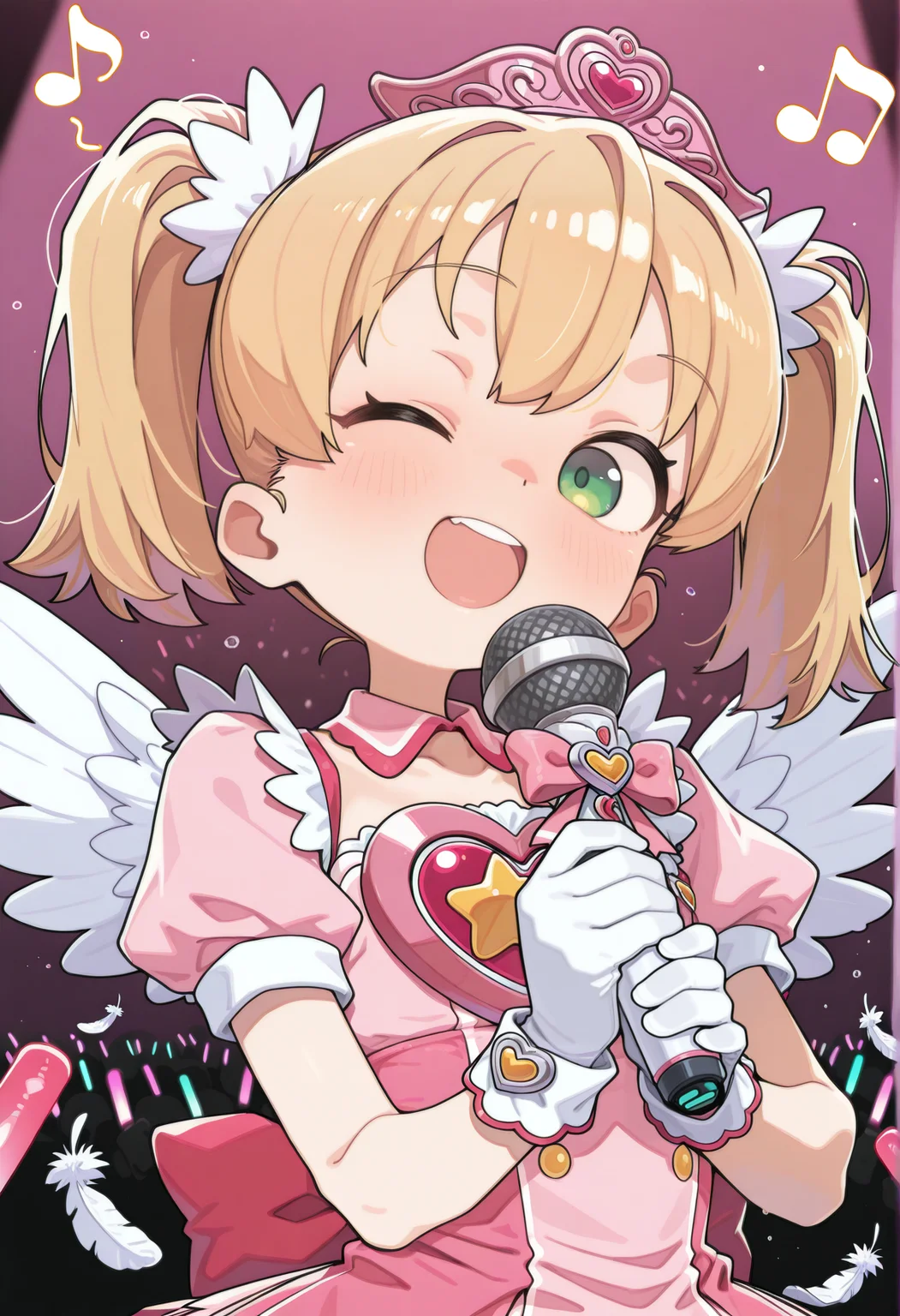 1girl, blonde hair, twintails, green eyes, pink dress, tiara, short sleeves, gloves, wrist cuffs, ribbon, heart, short sleeves, wings, feathers, upper body, wink, magical gir, star \(symbol\), v. holding microphone, stage, stage lights, audience, glowsticks, singing, musical note, <lora:Sayaka_saru_illus:0.8> smile, upper teeth only, <lora:sabotenman_2:1>, masterpiece, best quality, amazing quality, very aesthetic, absurdres, highres, newest
