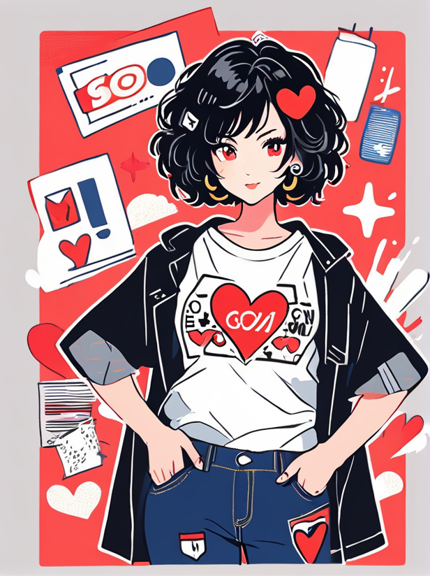 masterpiece, best quality,
cute doodle, 1girl, solo, shirt, heart, black hair, long sleeves, pants, short hair, short sleeves, yellow background, print shirt, red eyes, black pants, blush, hair ornament, looking at viewer, jewelry, jacket, bangs, earrings
 <lora:cutedoodle_XL-000012:0.65>