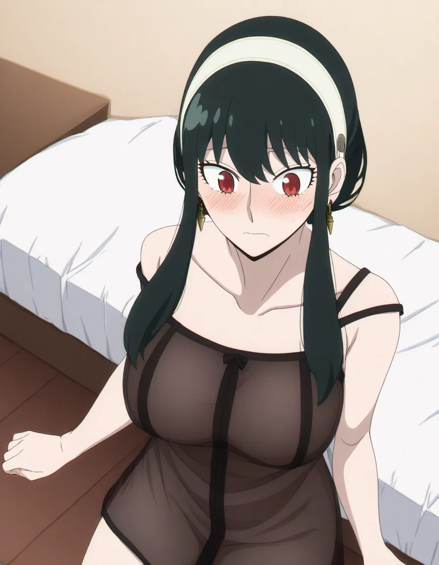 score_9, score_8_up, score_7_up, source_anime, <lora:yor-briar-s1-illustrious-lora-nochekaiser:1>, yor briar, black hair, red eyes, earrings, white hairband, hairband, long hair, sidelocks, large breasts,, <lora:chemise-ponyxl-lora-nochekaiser:1>, chemise, strap slip, see-through, bare shoulders, collarbone, thighs,, indoors, bed, bed room, on back, on bed, blush, , cowboy shot, dutch angle