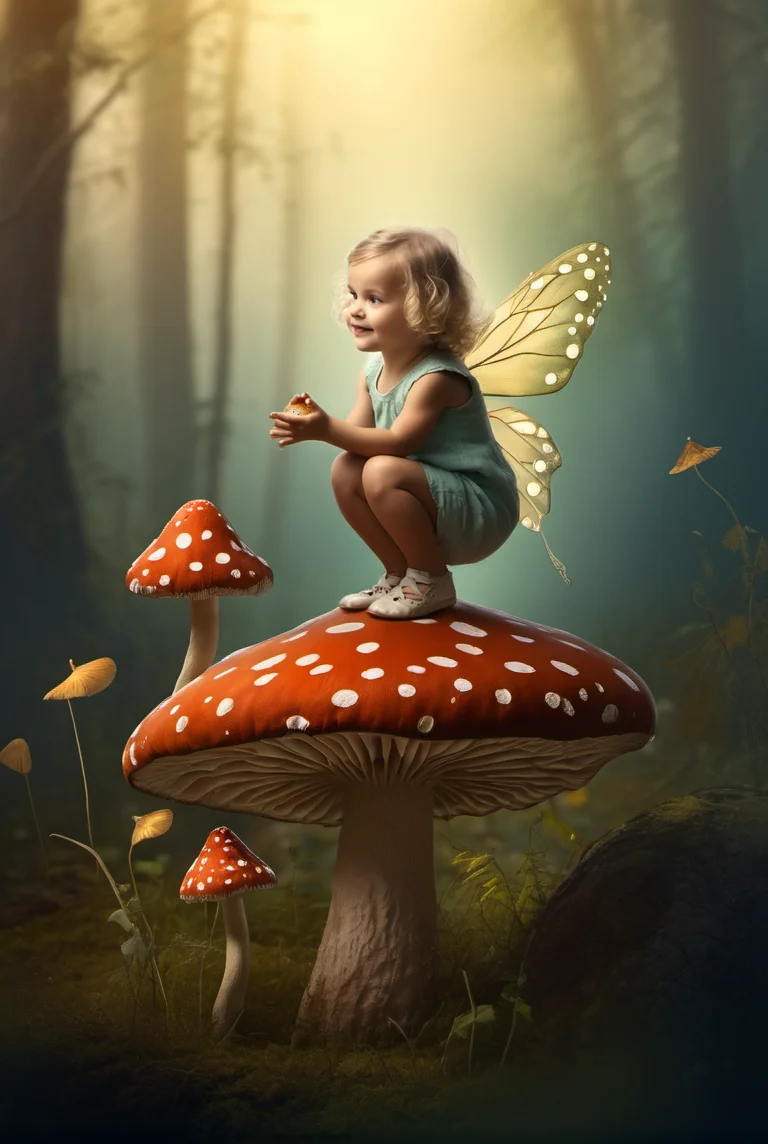 and the little girl stumbled upon a fairy dancing on a mushroom , high quality illustration