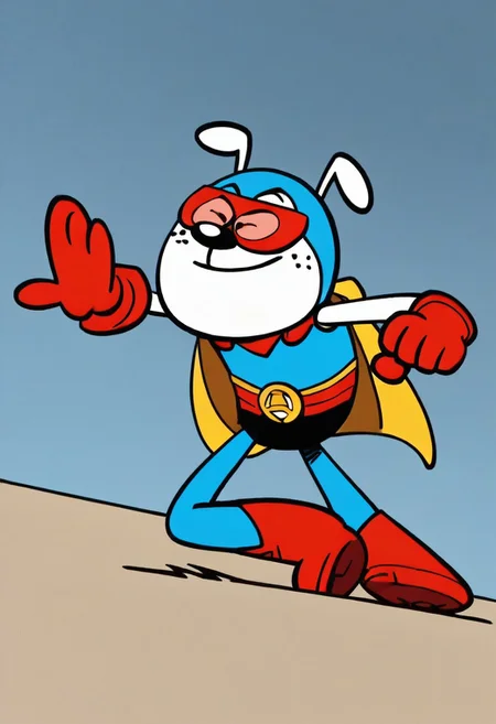 (score_9 | score_8_up | score_7_up) ((masterpiece:1))(best quality,very high quality,ultra detailed:1.2) (2D,cartoon style,anime style)(Smooth:2)(clean blurring) (four fingers on each hand,one thumb on each hand:1), solo, charles, dog, paws, dog paws, black spot on left eye, white, white fur, allá fours, happy, red blue and yellow super hero costume, blue super hero costume, super hero, red goggles, two side winged headpiece, yellow cape, thick red boots, red glove, 'A' Logo in the middle,