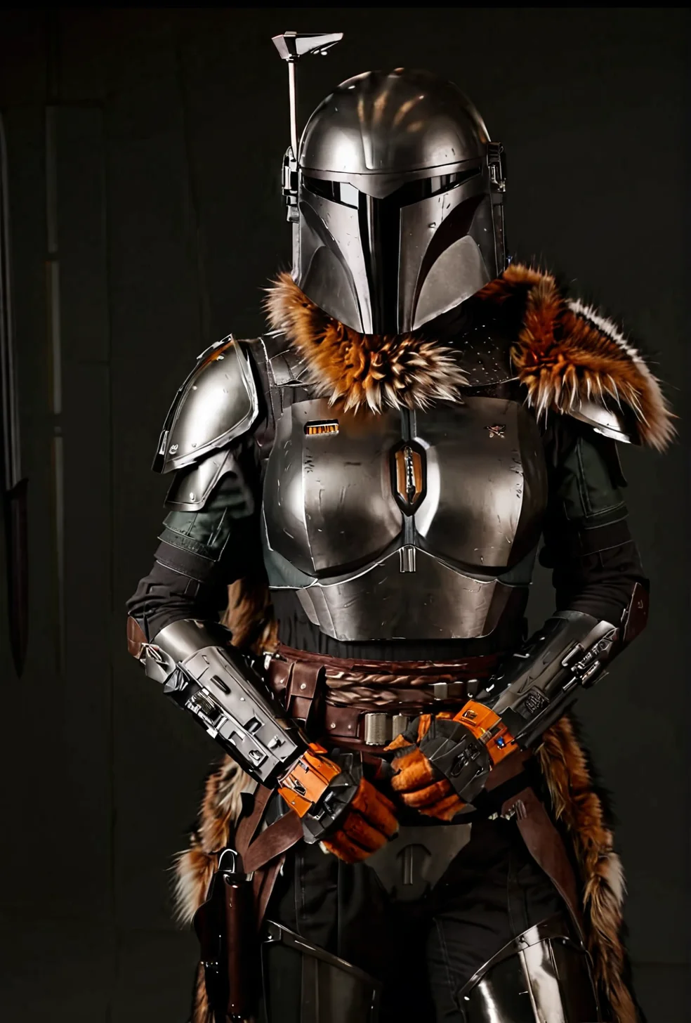 7-MandalorianArmour, 1girl,  full body, fur coat, fur trim, detailed fur, knife, blade, holding dagger
dark lighting, dark reflections, gunmetal armour trim, accurate armour
[cinematic masterpiece, slow motion, highly detailed armour, smooth reflective armour, realistic armour, metallic  intricate patterns]
  <lora:add-detail-xl:0.5> <lora:Mandalorian Armour SDXL:0.8>