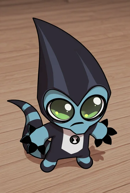 <lora:xlr8-08:1> xlr8, solo, green eyes, blue skin, black lips, stripped tail, 1boy, black mouth strip,, detailed background, black claws, <lora:silly-guy-il:1> mikus-concept, full body, big eyes, chibi, masterpiece, best quality, amazing quality, very aesthetic, absurdres, newest,