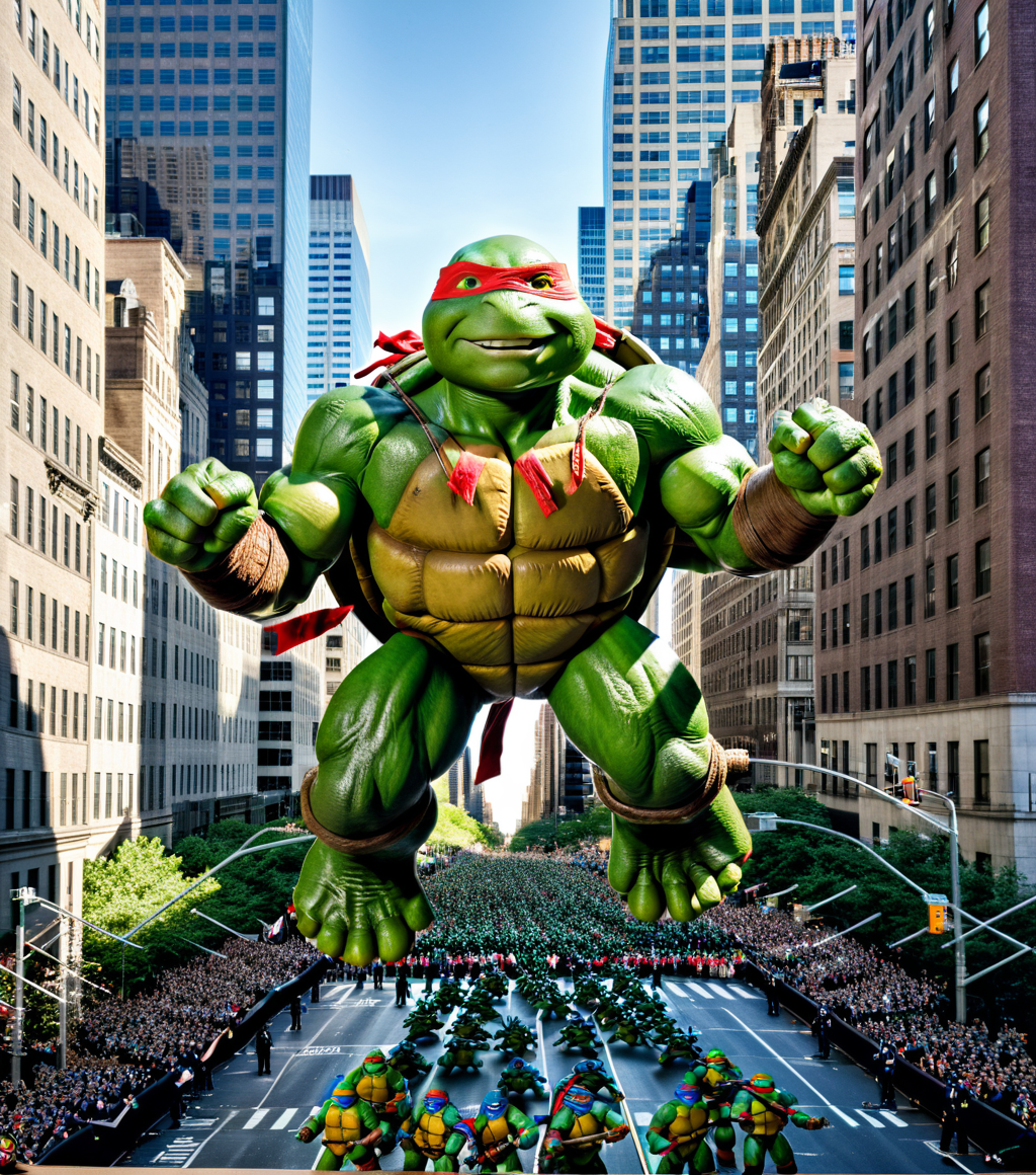 <lora:b41100n_04XL-000008:0.9>a raw photograph of (teenage mutant ninja turtles:1.5) b41100n shaped parade balloon,(floating high above the street:1.2) (with guide ropes:1.1),during Macy's NYC parade,with park and trees behind,with tall buildings in background,(above shot angle:1.1),outdoor,sunshine and shadows,realistic photograph,wide_angle_view,highres,absurdres,hyper realistic,HDR UDH 8K wallpaper,photo realistic,award winning,best quality,masterpiece,intricately detailed,high contrast
