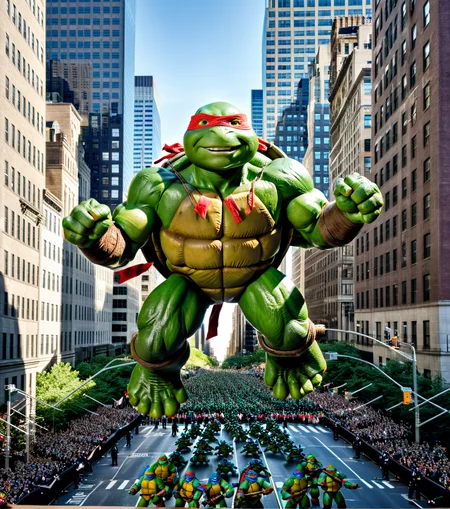 <lora:b41100n_04XL-000008:0.9>a raw photograph of (teenage mutant ninja turtles:1.5) b41100n shaped parade balloon,(floating high above the street:1.2) (with guide ropes:1.1),during Macy's NYC parade,with park and trees behind,with tall buildings in background,(above shot angle:1.1),outdoor,sunshine and shadows,realistic photograph,wide_angle_view,highres,absurdres,hyper realistic,HDR UDH 8K wallpaper,photo realistic,award winning,best quality,masterpiece,intricately detailed,high contrast