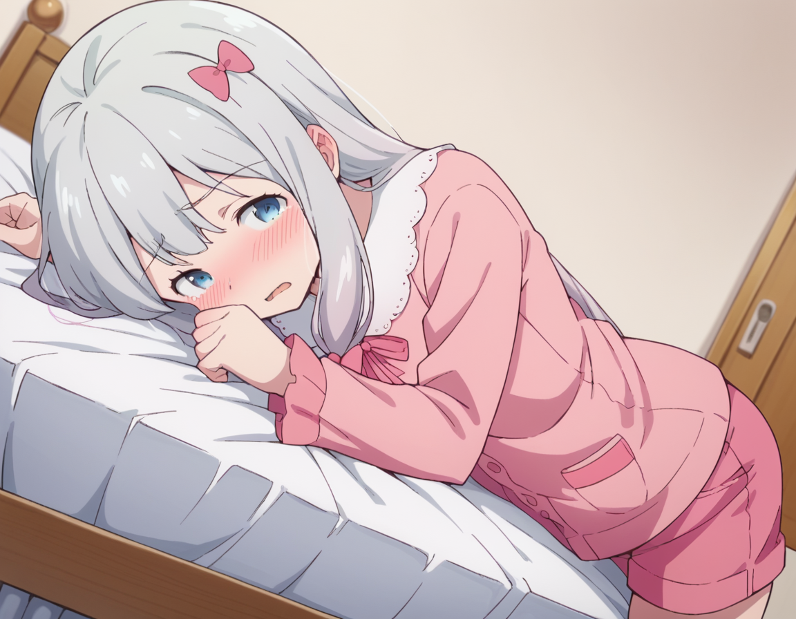 score_9, score_8_up, score_7_up, source_anime,
sagiriizumi, <lora:sagiri-izumi-s1-ponyxl-lora-nochekaiser:1>,
sagiri izumi, long hair, blue eyes, bow, hair bow, grey hair, pink bow,
ribbon, shorts, pink shirt, pajamas, pink shorts,
indoors, bed, bed room, on side, blush, drunk,
solo, looking at viewer, cowboy shot, dutch angle,
