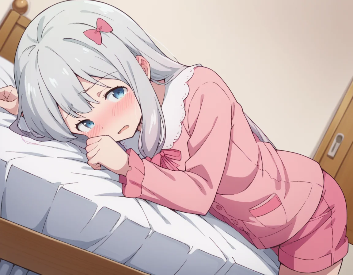 score_9, score_8_up, score_7_up, source_anime,
sagiriizumi, <lora:sagiri-izumi-s1-ponyxl-lora-nochekaiser:1>,
sagiri izumi, long hair, blue eyes, bow, hair bow, grey hair, pink bow,
ribbon, shorts, pink shirt, pajamas, pink shorts,
indoors, bed, bed room, on side, blush, drunk,
solo, looking at viewer, cowboy shot, dutch angle,